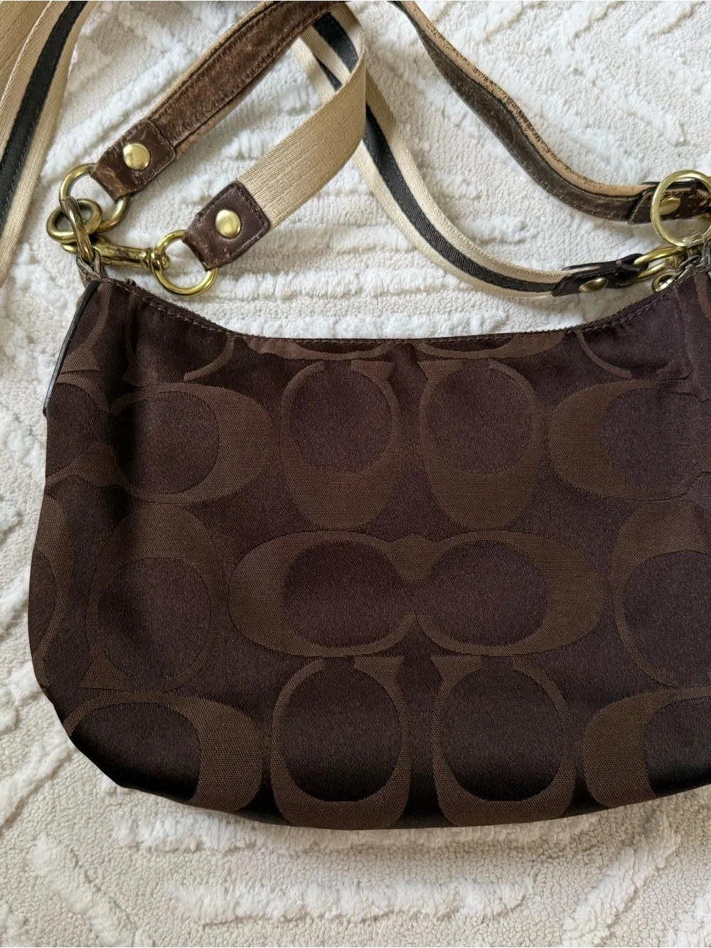 Vintage Y2K Coach Brown Signature Monogram Shoulder Bag with Beige Strap